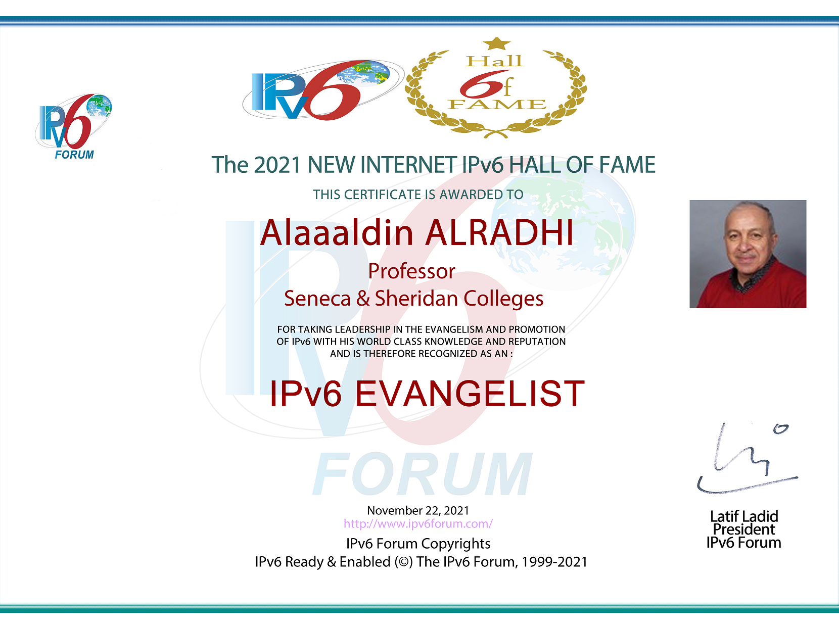 ITAS Professor Awarded by The New Internet IPv6 Hall of Fame