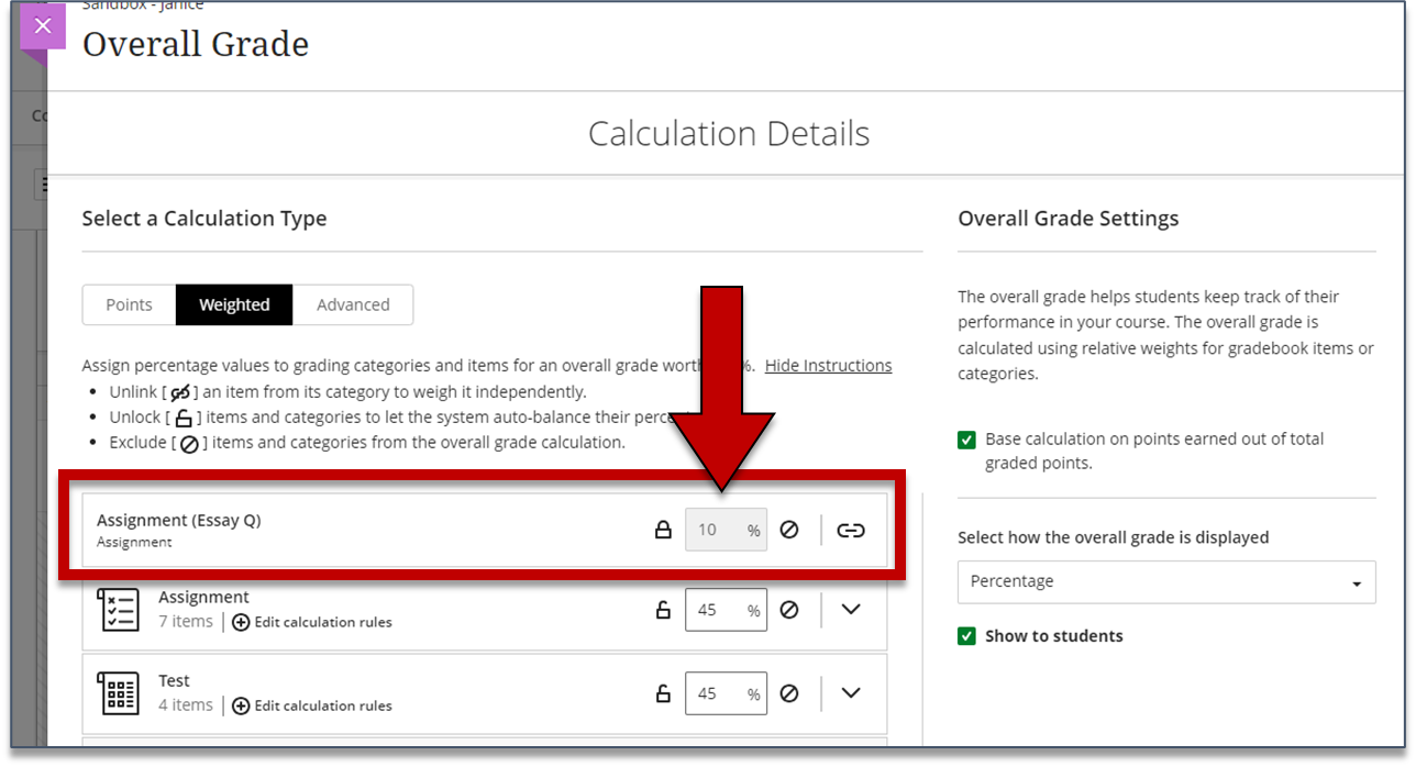 Setting Up the Overall Grade (Weighted Total) Blackboard Ultra