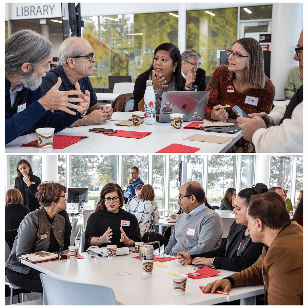 A collage of two images, both depicting a group of faculty around a table, talking