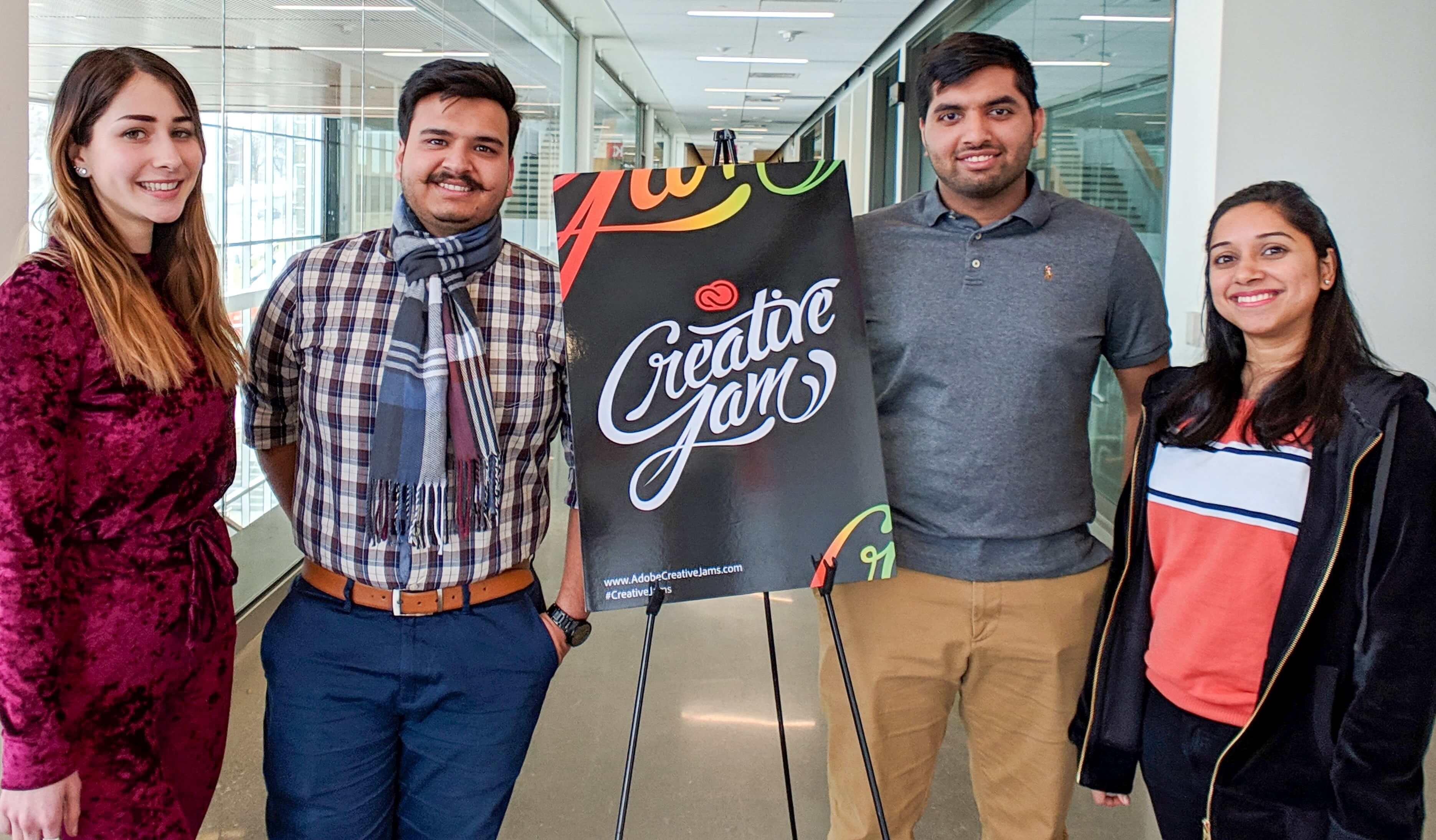 First-place Winners of the Adobe Creative Jam for Students: Anita Srivastava (Business Administration - Marketing), Rajat Bhatia (Business), Taha Dharamsi (Marketing), and Pragati Pise (Creative Advertising)