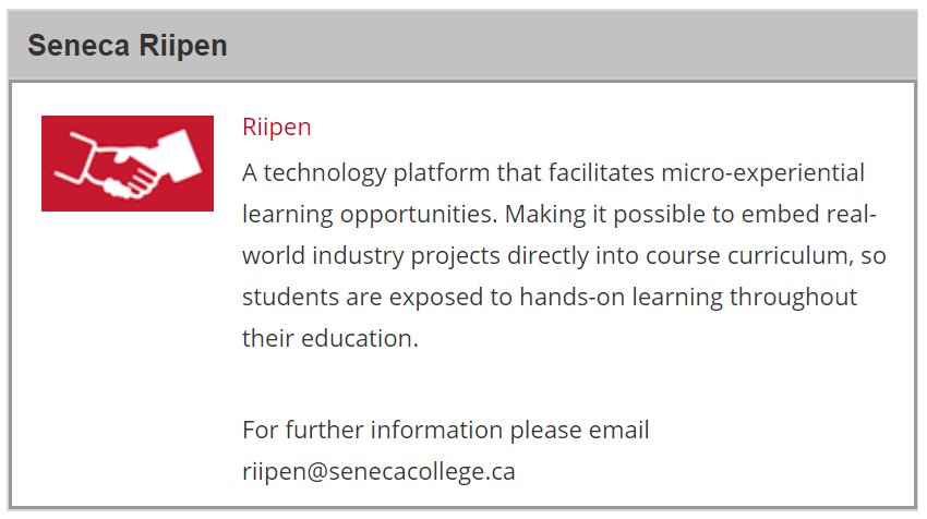 A screen capture of the Riipen portal in My.Seneca on the Employees tab