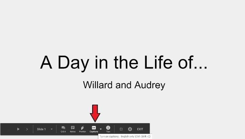 A screen capture from the presentation mode in Google Slides, indicating how to turn on live captioning.