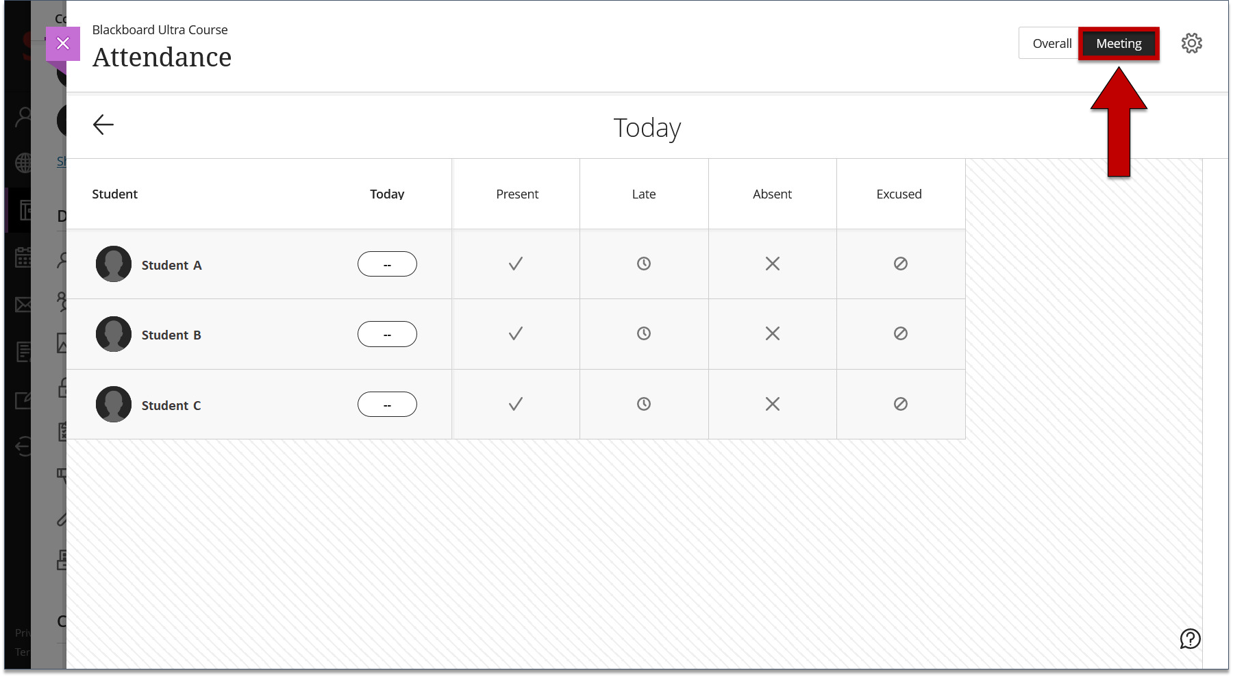 Screenshot of step 2 of To Mark Attendance in the Meeting View as explained on this page.
