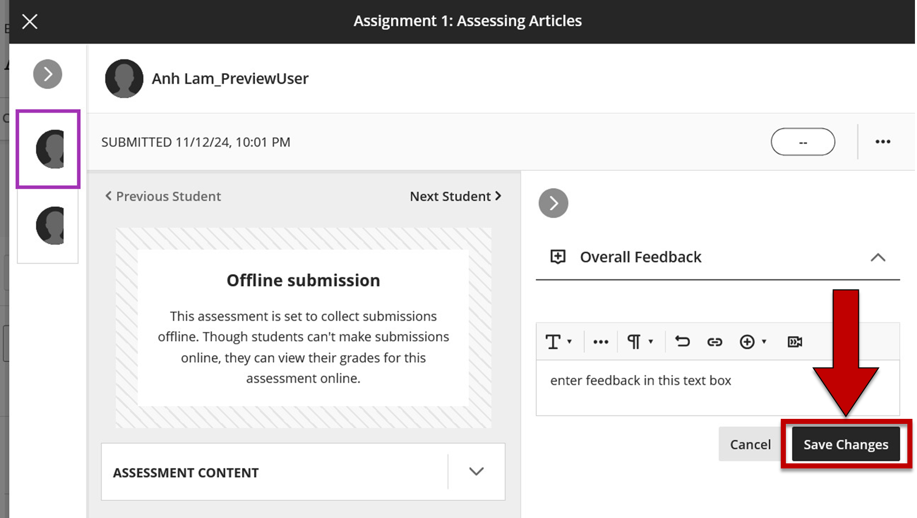 Screenshot of step 8 of Grading an Assessment Submitted Offline as explained on this page.