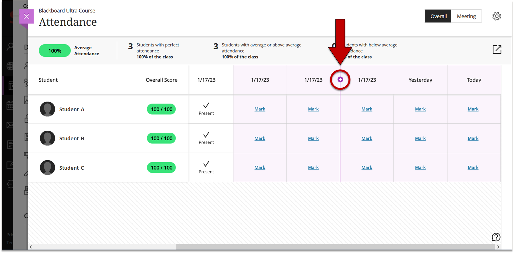 Screenshot of step 3 of Adding a Class Meeting in Overall View as explained on this page. 