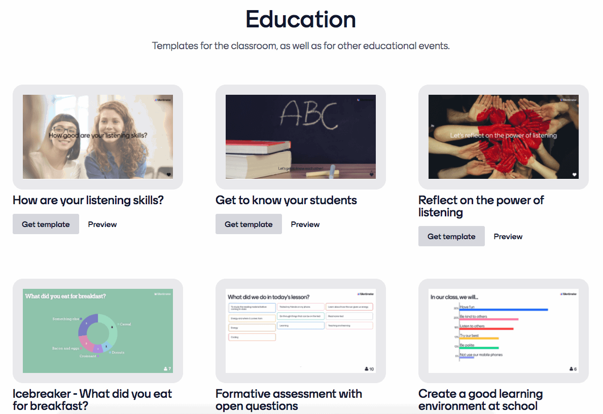 A screen capture of Mentimeter's education templates
