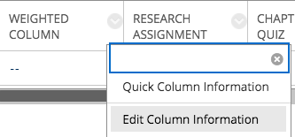A screen capture showing where to find the Edit Column Information option in the Full Grade Centre
