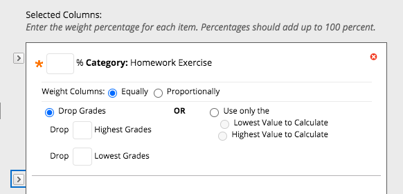 A screen capture showing options for calculating the weighted grade
