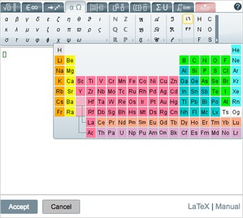 The updated math editor in My.Seneca, highlighting the embedded periodic table of elements