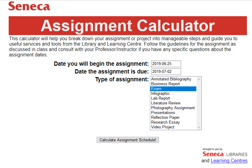 A screen capture from the home page of the Assignment Calculator