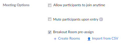 A screen capture of the Zoom meeting option to enable pre-assigning of breakout rooms