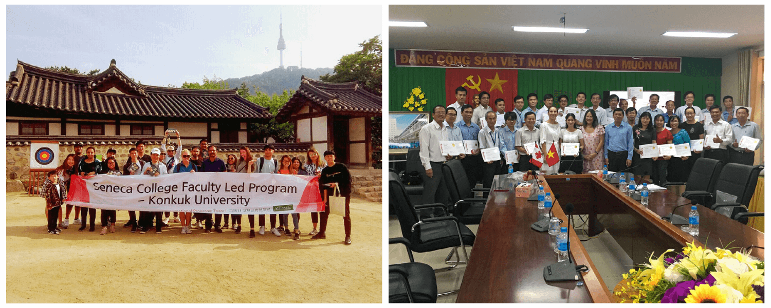 A collage of two images from Seneca International trips: a Faculty-led Program Abroad in China and a Seneca delegation in Vietnam