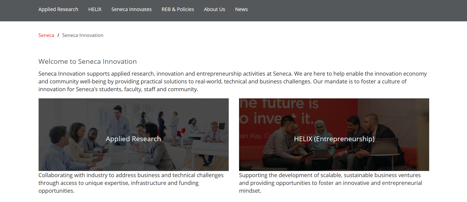 A screencapture of the new Seneca Innovation website, available at http://www.senecacollege.ca/innovation
