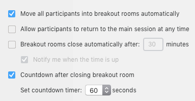 Screenshot of Zoom breakout rooms settings.