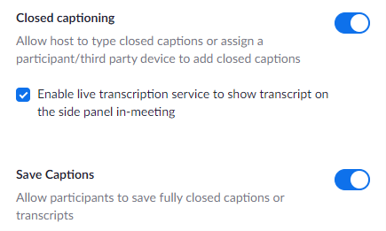 A screen capture of the Zoom advanced Closed Captioning settings