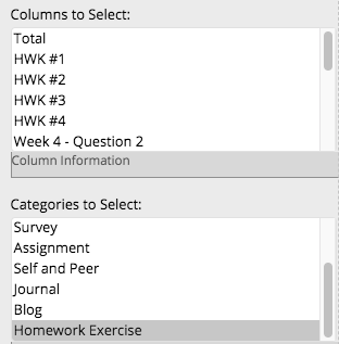 A screen capture in Edit Column Information showing the Categories to Select area
