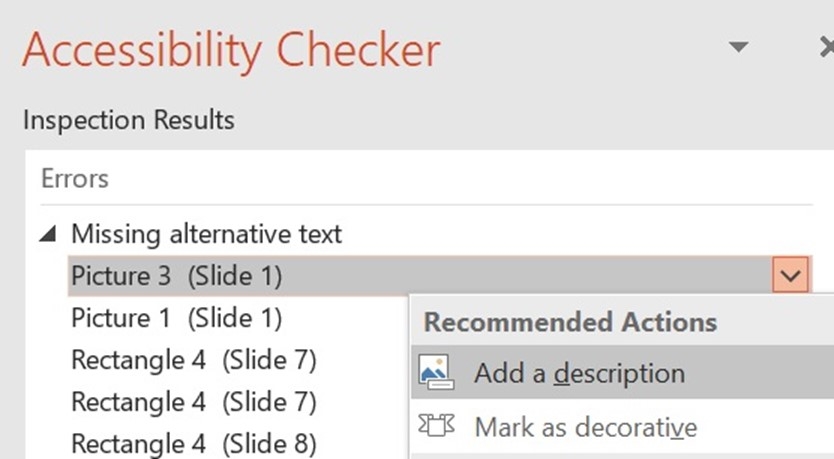 Accessibility Checker indicating the picture that is missing an alt tag descriptor