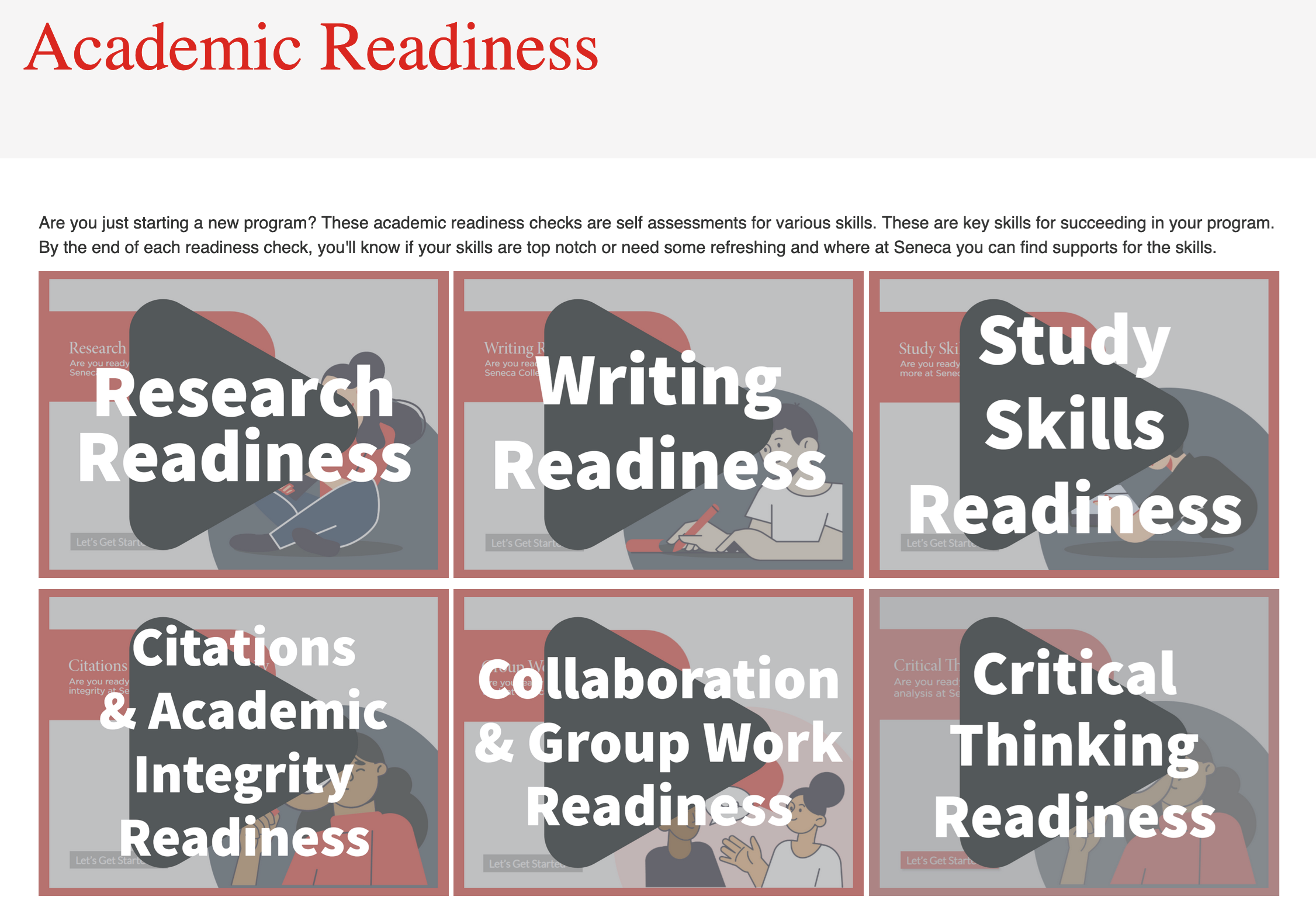 a screencapture from “Academic Readiness,” self assessments for student covering a variety of skills needed to succeed in their programs