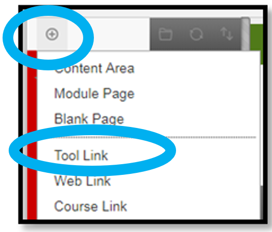 A screen capture showing how to add a tool link to the course menu in Blackboard