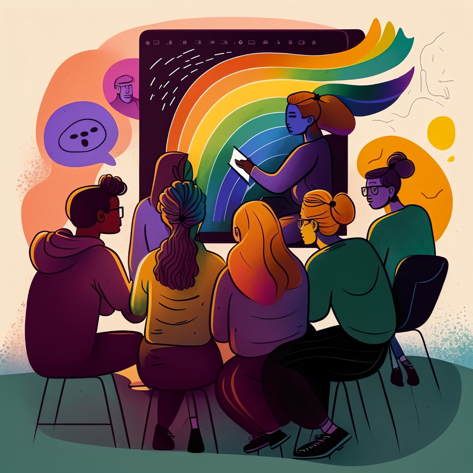 An LGBTQ+ teacher mentoring a group of students as they work on a project, creating an inclusive and supportive learning environment. Generative AI.