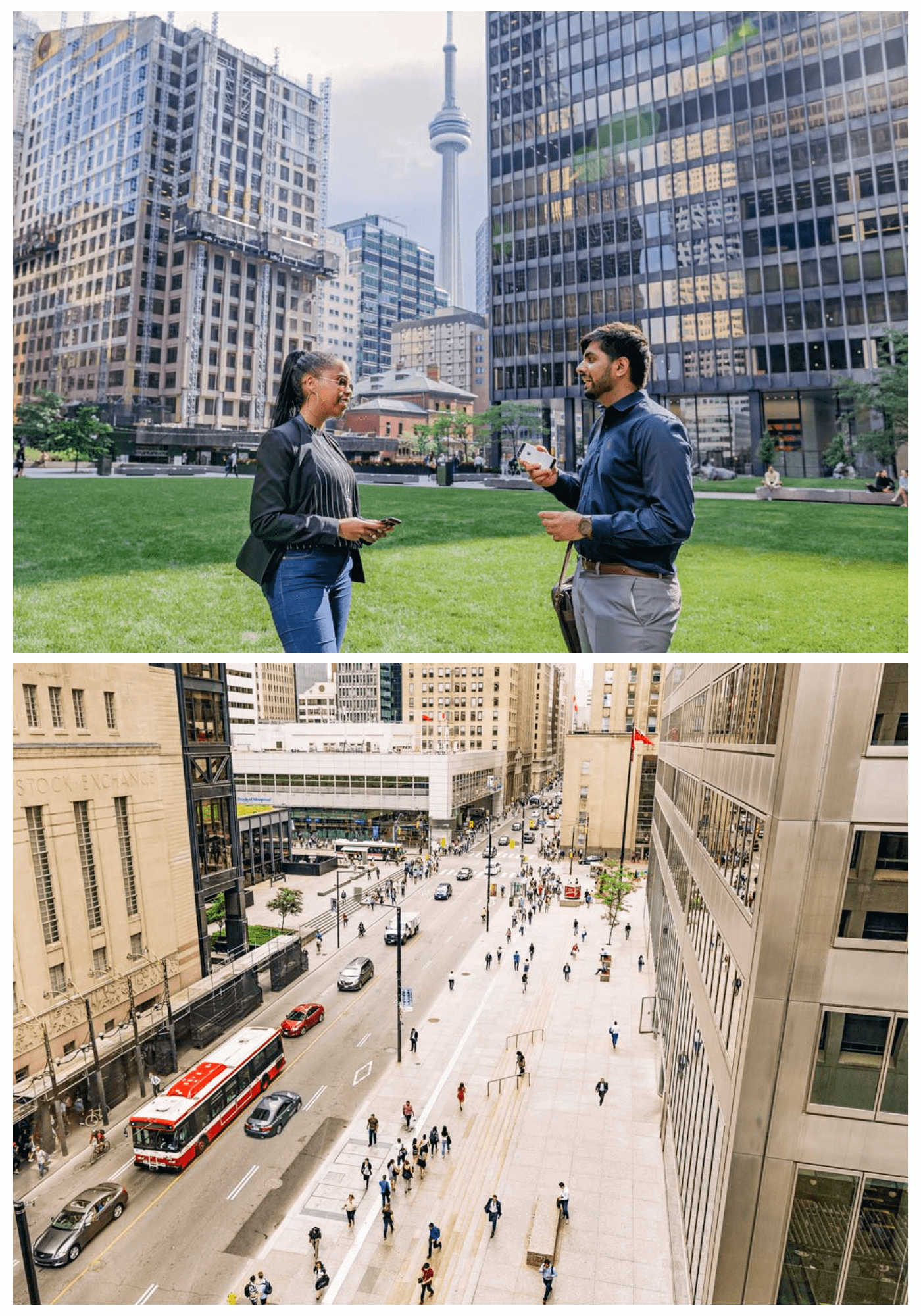 A collage of two images from downtown Toronto: two people chatting in a green space with the CN Tower in the background and the view from a classroom in the Seneca Downtown campus, overlooking the intersection of King and Bay (downtown Toronto)
