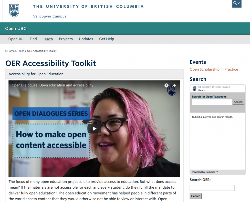 a screen capture of the OER Accessibility Toolkit from Open UBC
