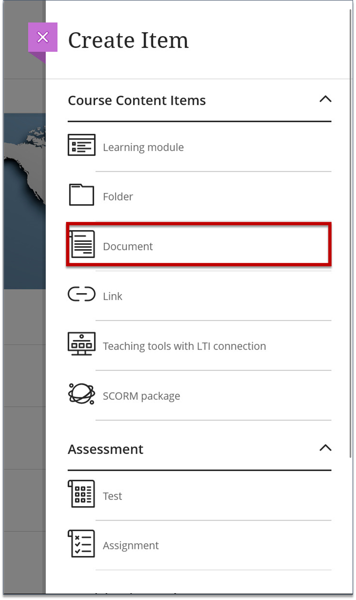 Screenshot of step 3 of Creating a Document in Course Content as explained on this page