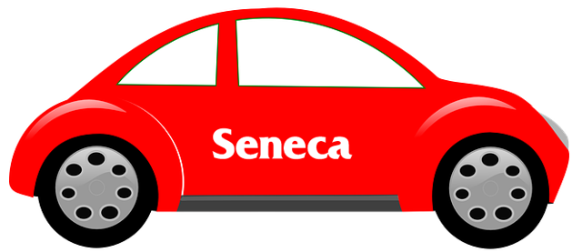 A red cartoon car with Seneca written on the side.
