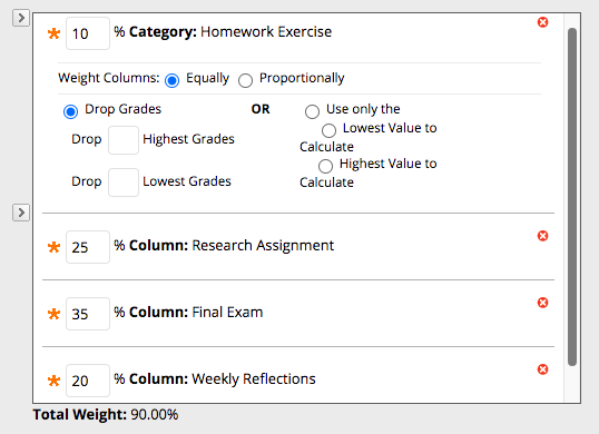 A screencapture showing the set-up options when creating a weighted grades column in grade centre