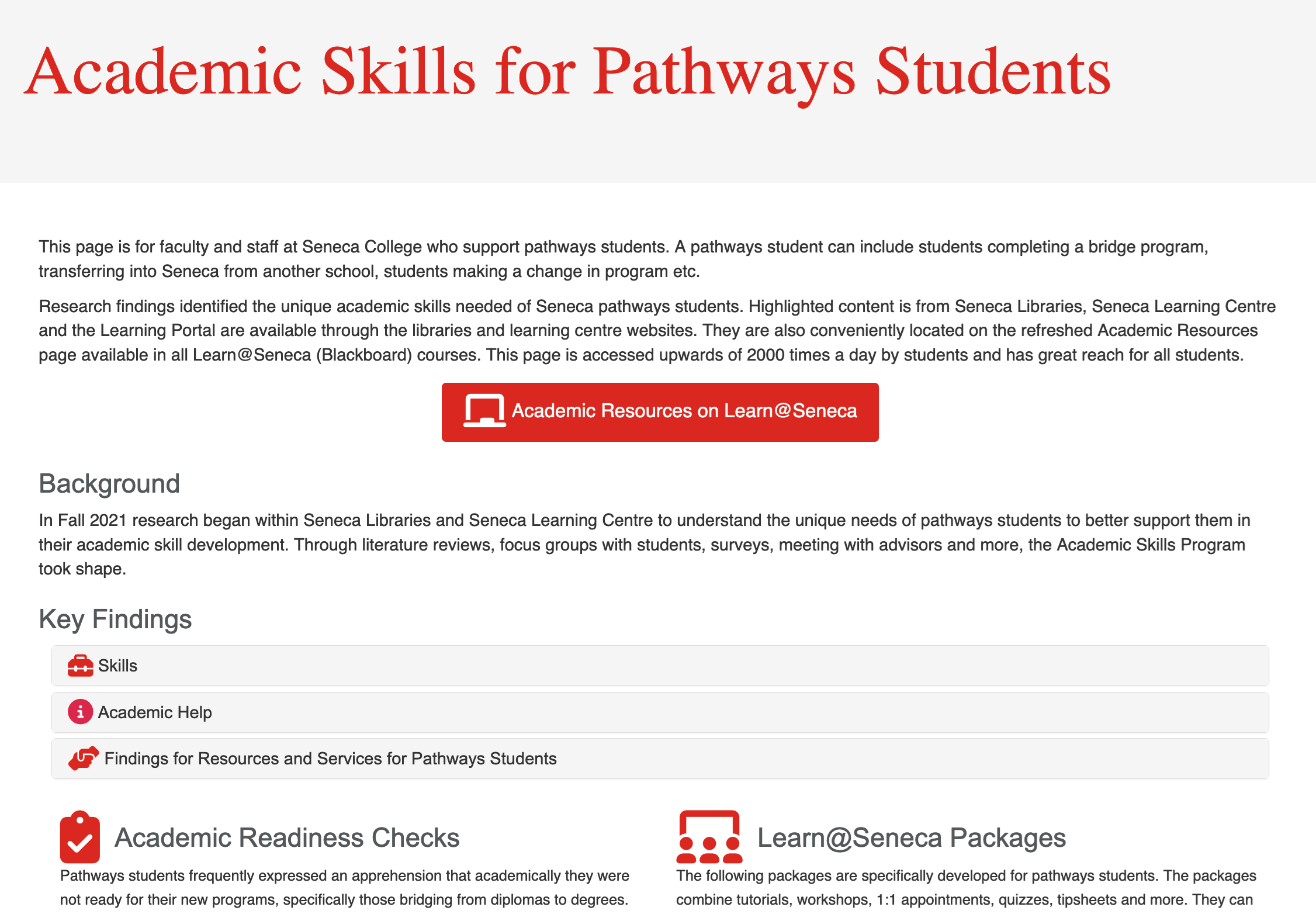 a screencapture from "Academic Skills for Pathways Students," a quick-gude page for faculty and staff at Seneca Polytechnic who support pathways students