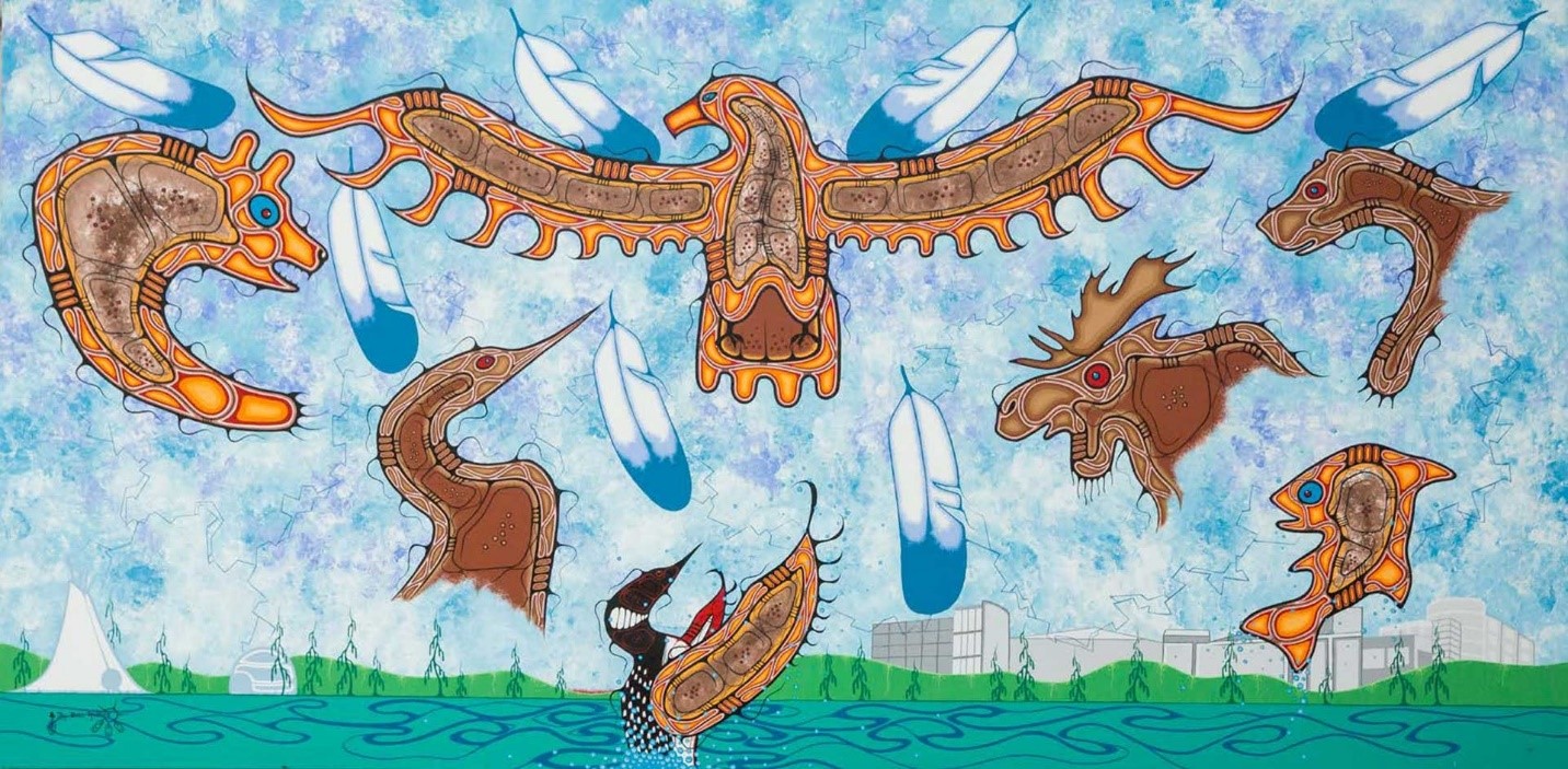 Mural of the four Seneca campuses making up our home away from home. The Seven Clans of Anishinaabe are represented by the eagle, bear, crane, loon, fish, marten and moose. The Seven grandfather teachings are represented by the seven eagle feathers.