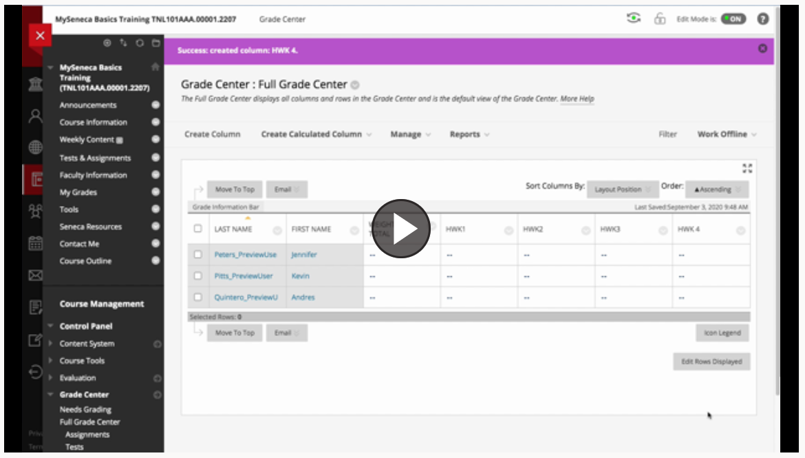 a screen capture of the Microsoft Stream video showing you how to assign a category to the grade centre columns for the assessment and then use the Weighted Column to do the calculating for you; click on the image to access the video