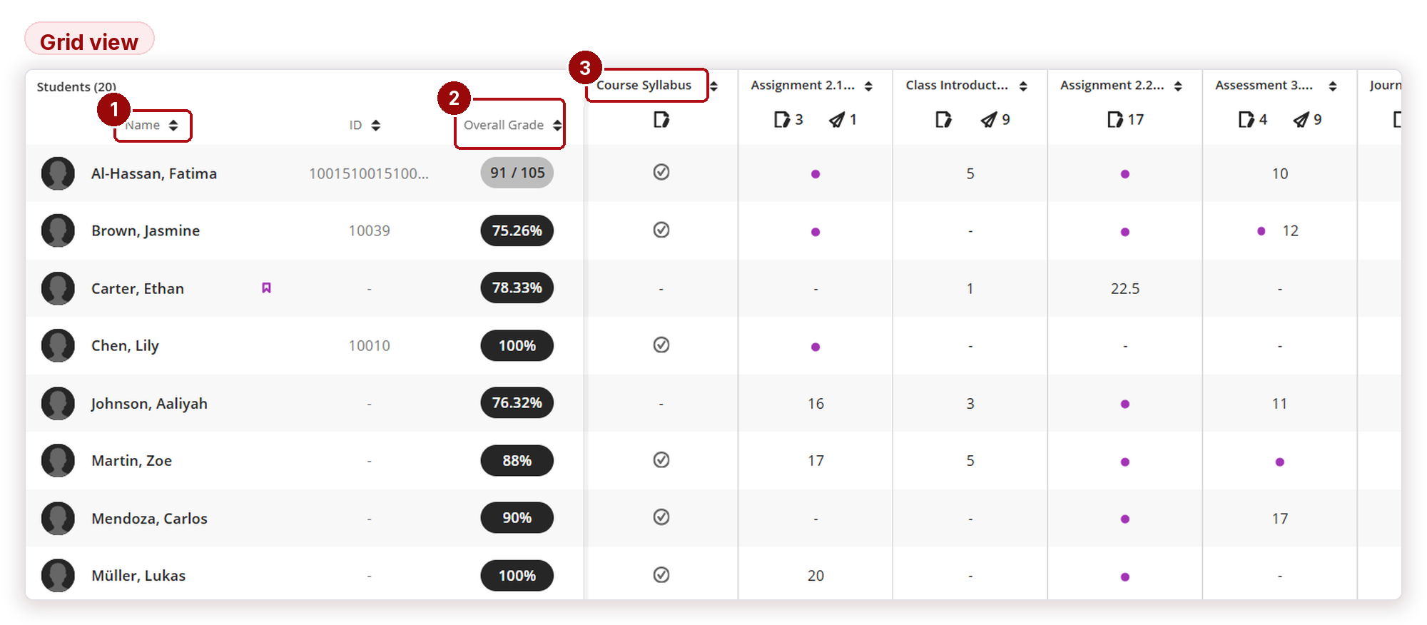 Figure 7 — Grid view with student rows and assessment columns.