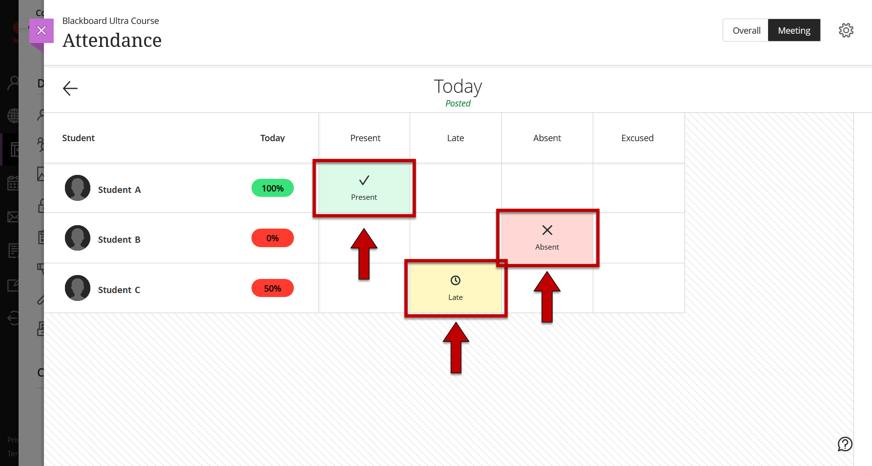 Screenshot of step 3 of To Mark Attendance in the Meeting View as explained on this page.
