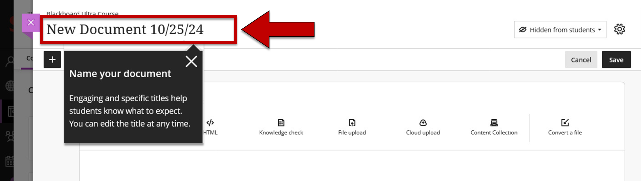 Screenshot of step 4 of Creating a Document in Course Content as explained on this page
