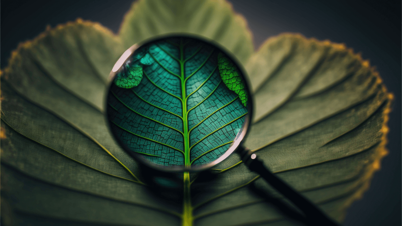 a green leaf with a magnifying glass in the middle of it