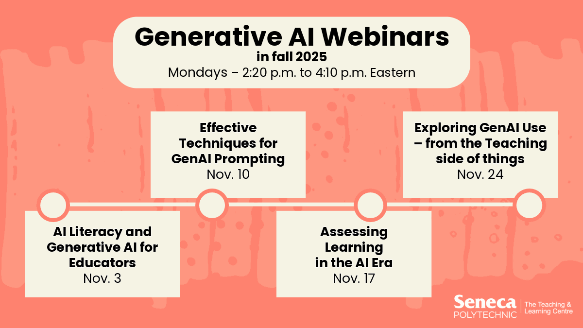 the Generative AI webinar series consists of 'AI Literacy and Generative AI for Educators' on Nov. 3, 'Effective Techniques for Generative AI Prompting' on Nov. 10, 'Assessing Learning in the AI Era' on Nov. 17, and 'Exploring GenAI Use – from the Teaching side of things' on Mar. 24