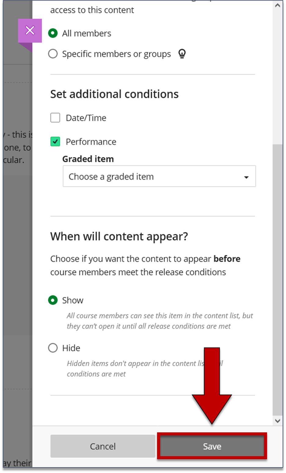 Screenshot of step 5 on Setting Release Conditions as explained on this page.