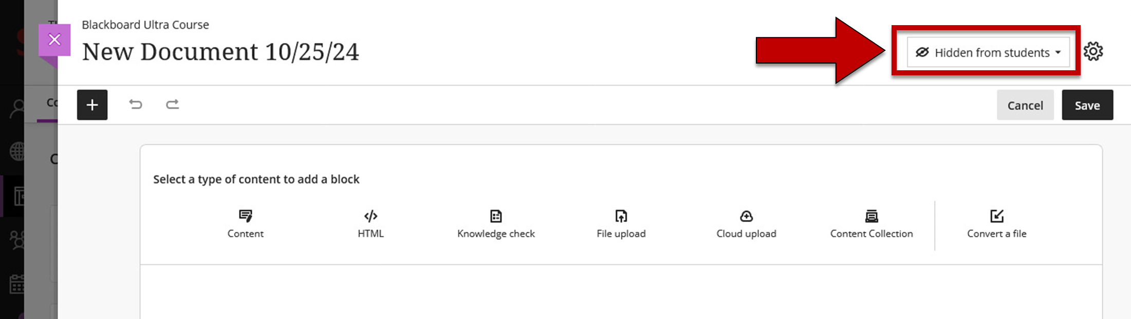 Screenshot of step 5 of Creating a Document in Course Content as explained on this page