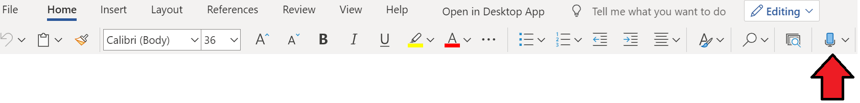A screen capture of the ribbon in Word, showing where the dictate function is located (if you are using Word for Microsoft 365)