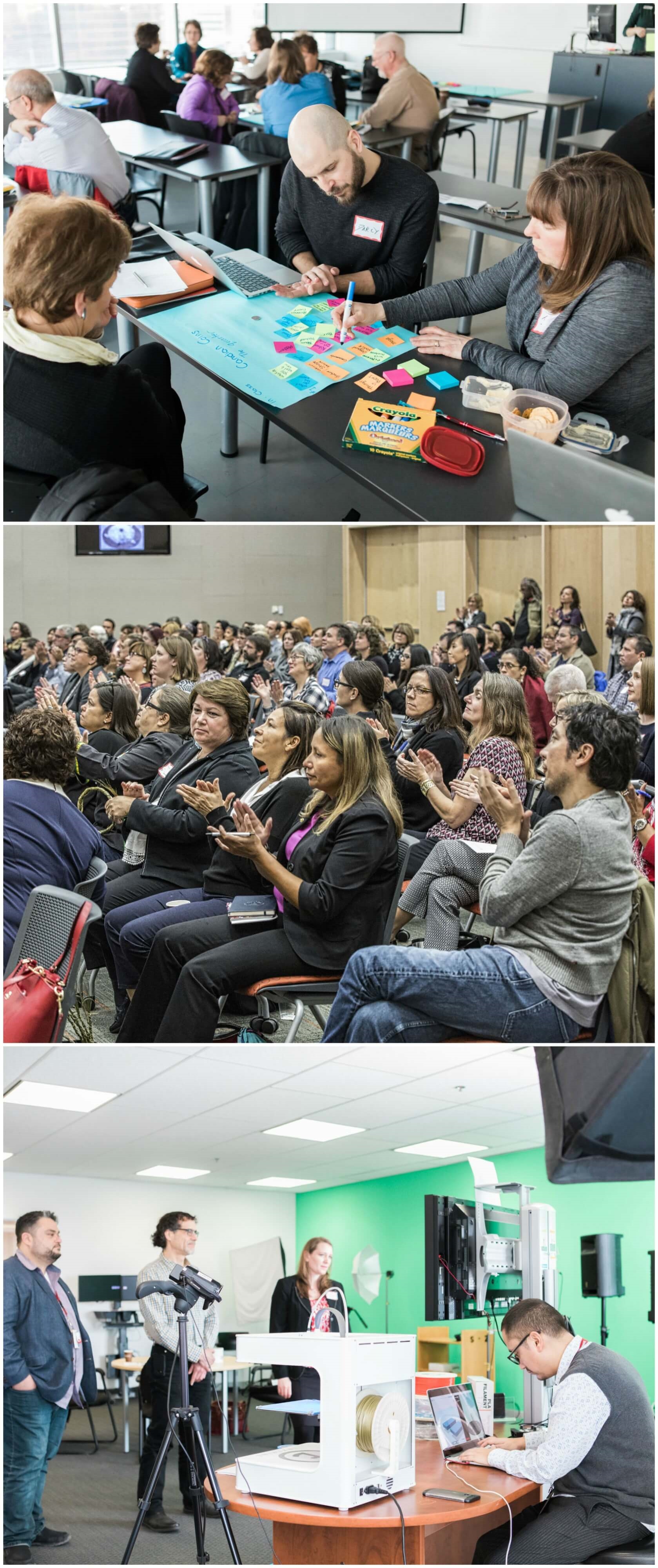 Three images from past Teacing & Learning Days. The top image shows three people in a group collaborating during a breakoutsession; the middle image shows the audience listening to a keynote speaker; the bottom image shows a small group of people observing a demonstration.