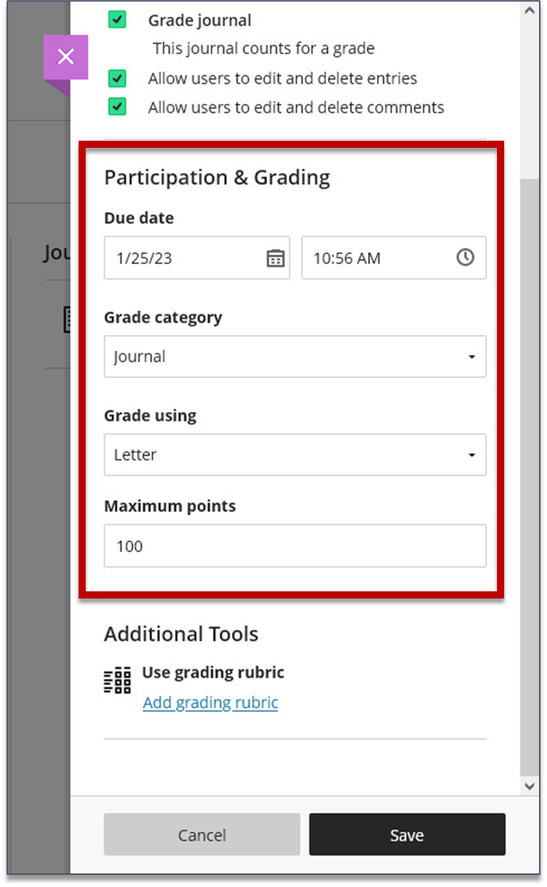 Screenshot of step 6 of Making a Journal Gradable as explained on this page