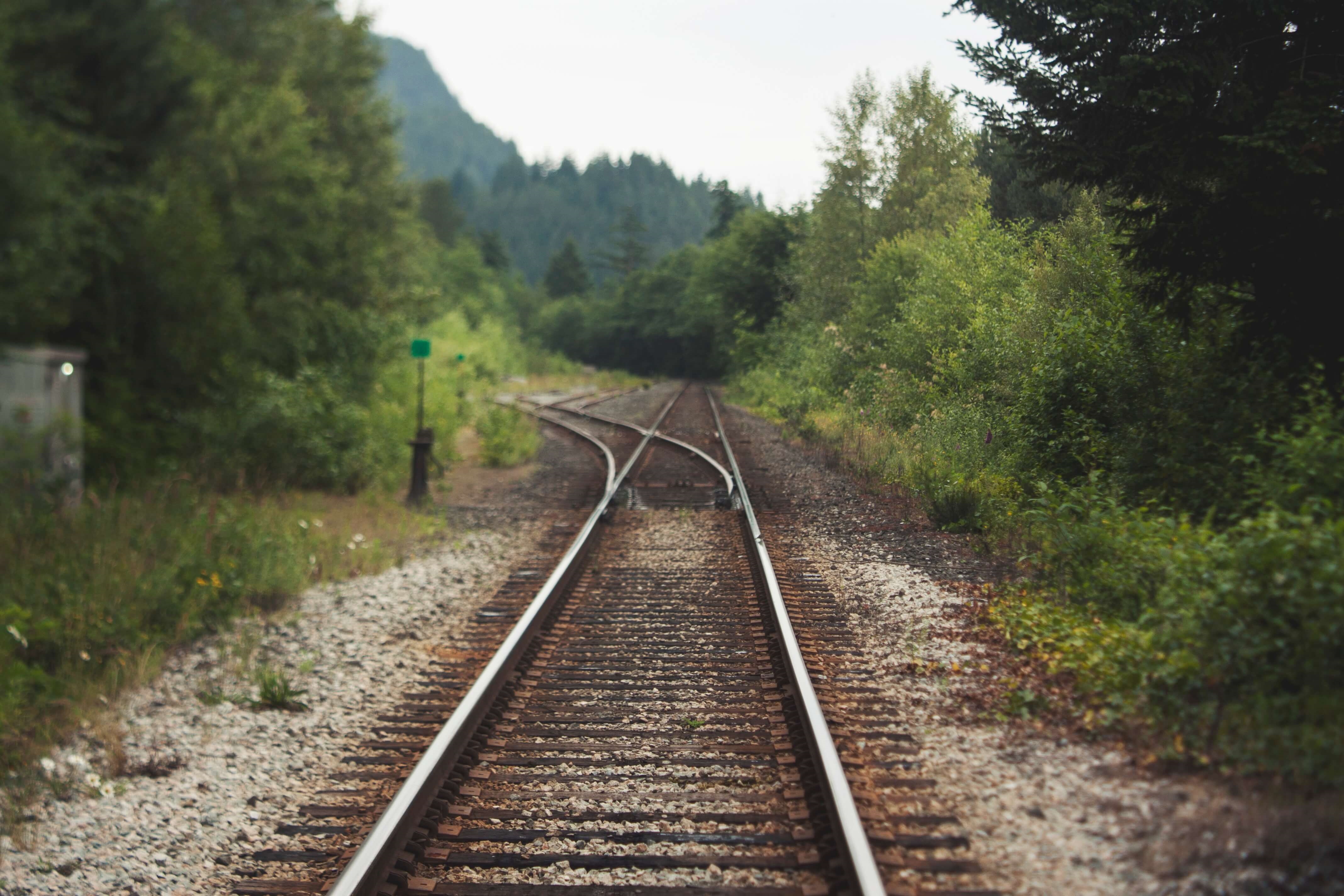 An image of train tracks near a wooded area