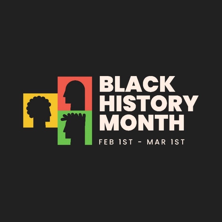 The text Black History Month Feb 1st - Mar 1st on black background with colourful squares silhouetting faces