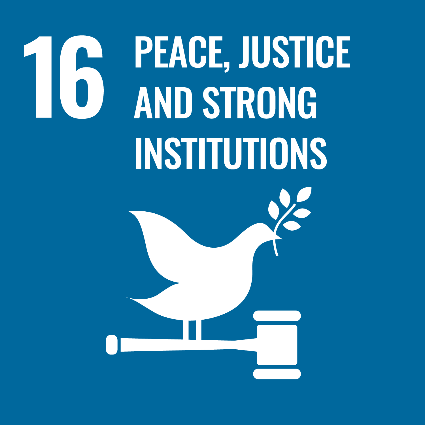 United Nations SDG 16 icon showing dove holding olive branch sitting on judge's gavel