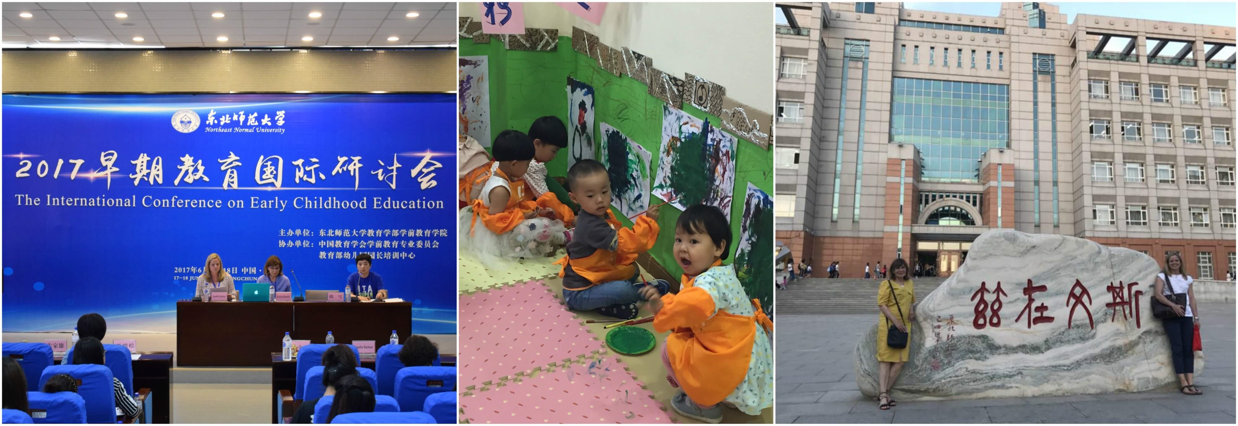 Pat Resnick and Jennifer Barbour in Changchun, China The first image is of Pat and Jennifer at an International Conference; the second image is of children in daycare; the third image is Pat and Jennifer outside Noth Eastern Normal University in Changchun, China