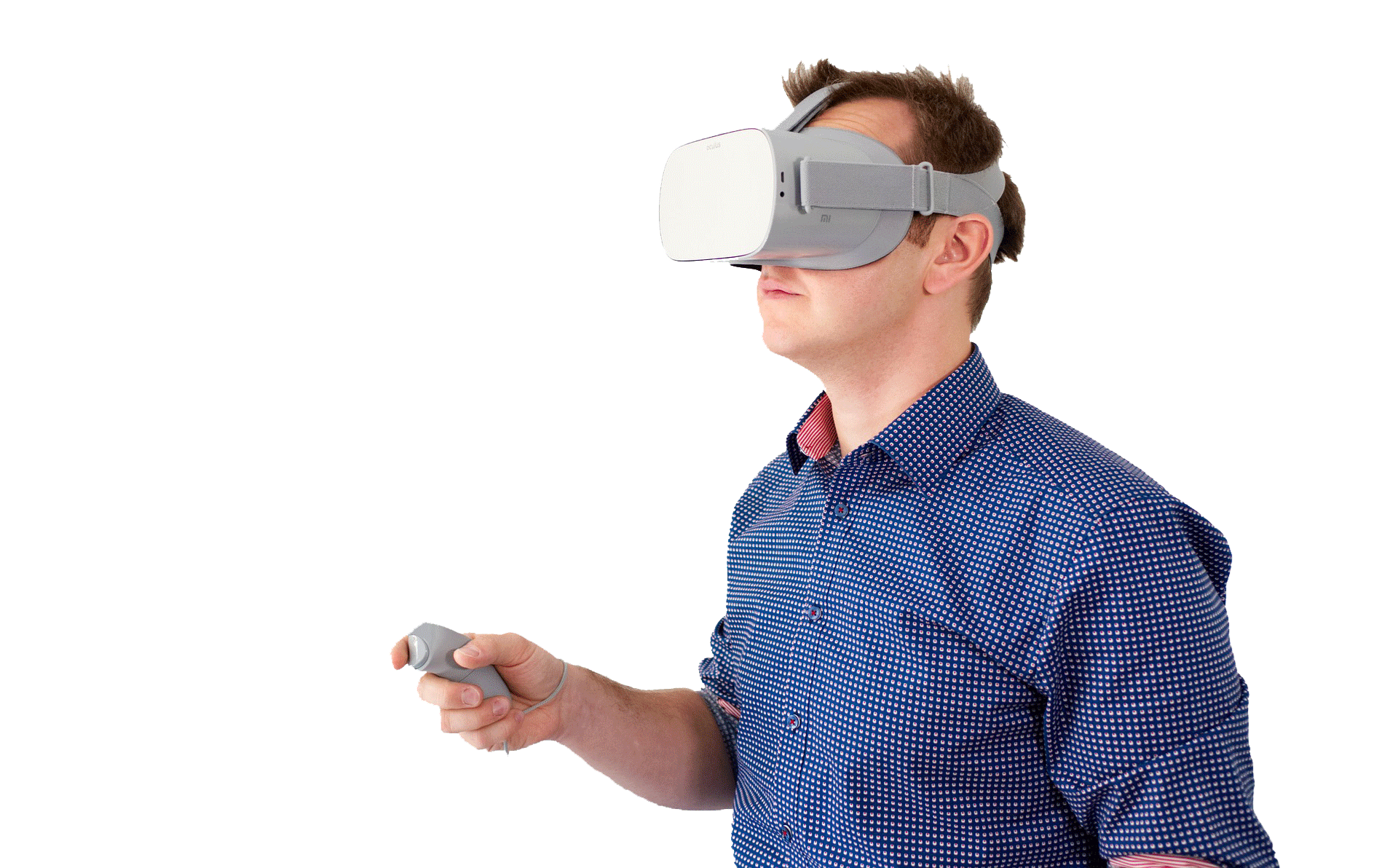A picture of a man wearing a virtual reality headset and holding a controller