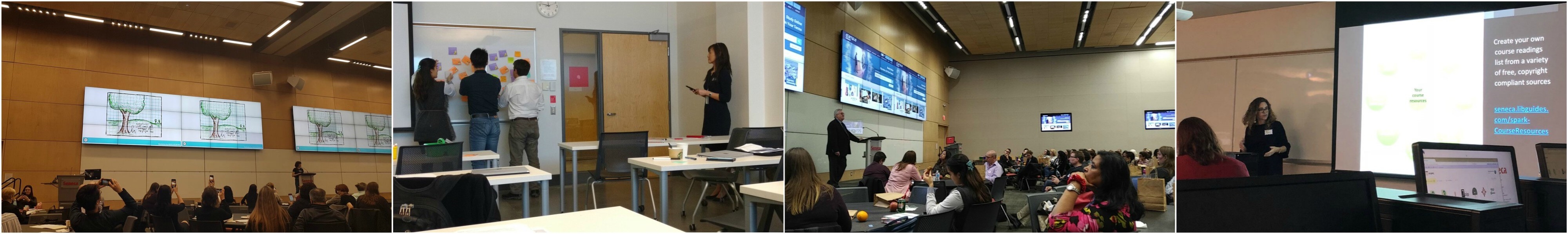 A collection of images from Teaching & Learning Day 2018: the morning speaker addressing the audience, a picture of some attendees collaborating on the board in a session, the afternoon speaker addressing the audience, and a picture of a session presenter beside her presentation display.