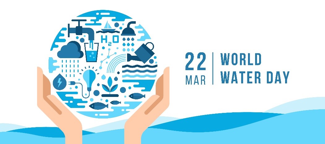 Banner of World Water Day on 22 March with hand holding a circle with icons representing water.