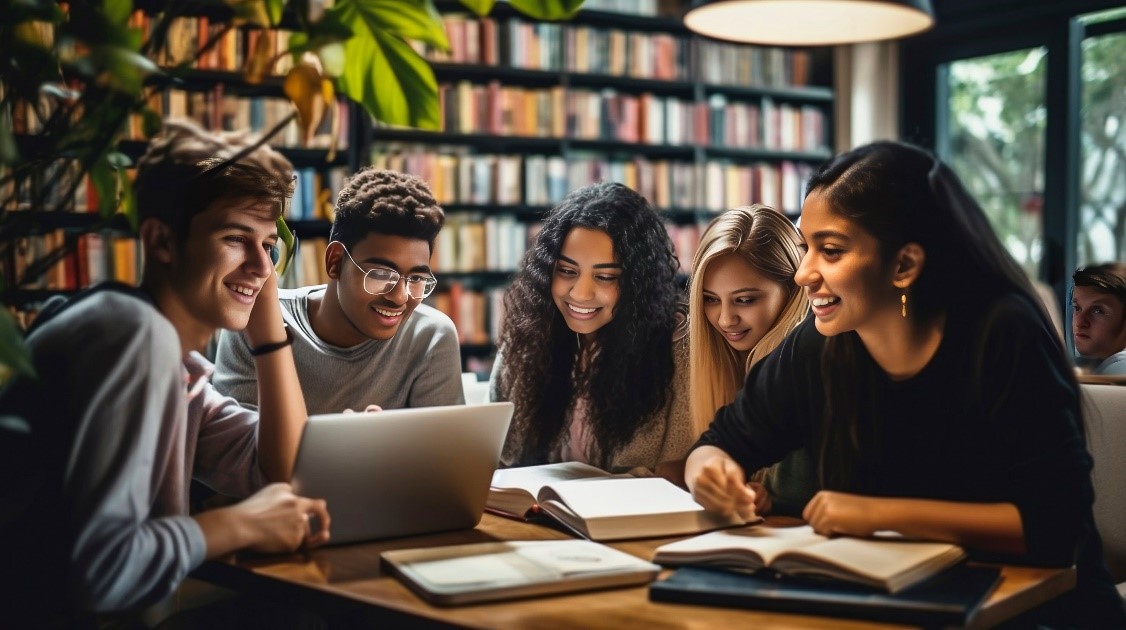 Image of a group of students sitting around table discussing